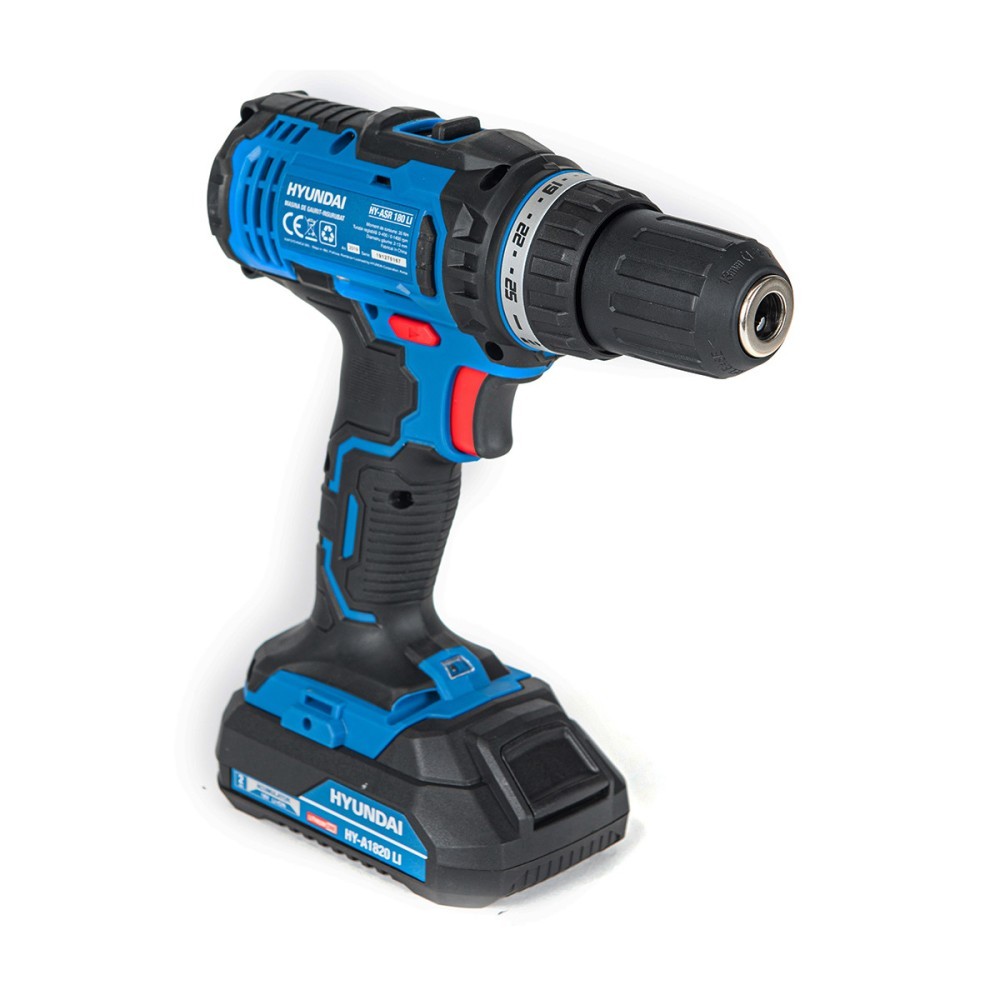 Masina de gaurit si insurubat cu acumulator 18V Hyundai ASR 180 Li, 1 acumulator x 2.0 Ah, incarcator, 2 trepte de viteza, 6 biti, 6 burghie, adaptor magnetic, valiza transport 431