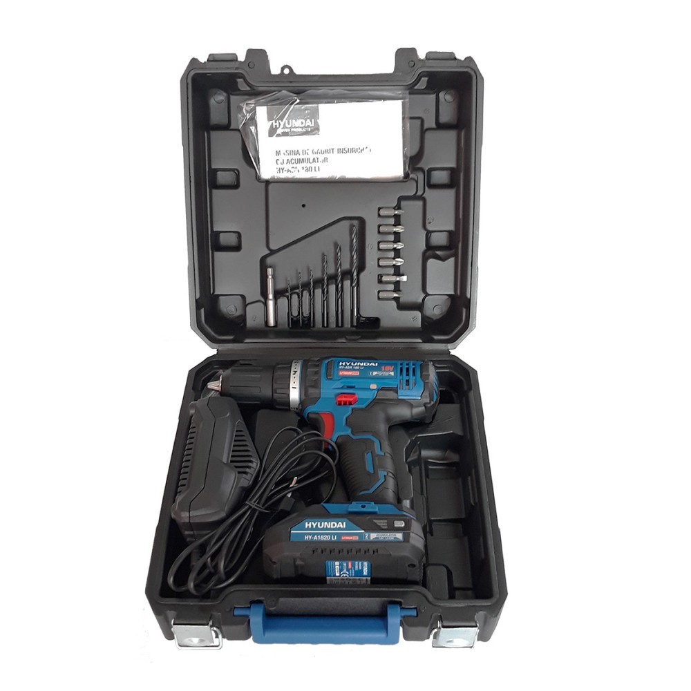 Masina de gaurit si insurubat cu acumulator 18V Hyundai ASR 180 Li, 1 acumulator x 2.0 Ah, incarcator, 2 trepte de viteza, 6 biti, 6 burghie, adaptor magnetic, valiza transport 432