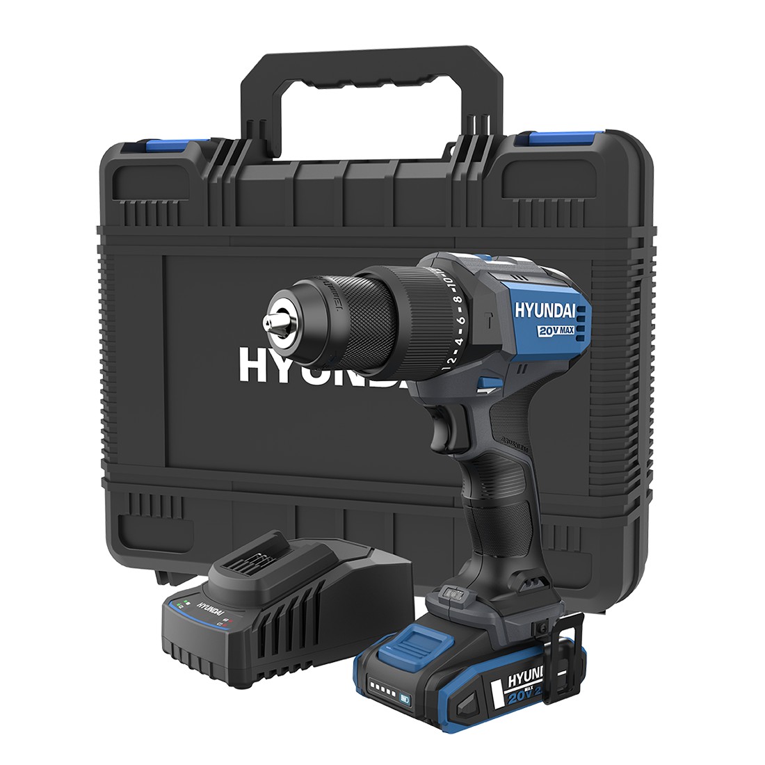 Masina de gaurit si insurubat cu percutie Hyundai HD20X-60TT, motor fara perii, 2 trepte de viteza, cuplu 60 Nm, mandrina metalica de 13 mm, 1 acumulator x 2 Ah, incarcator si valiza transport 800