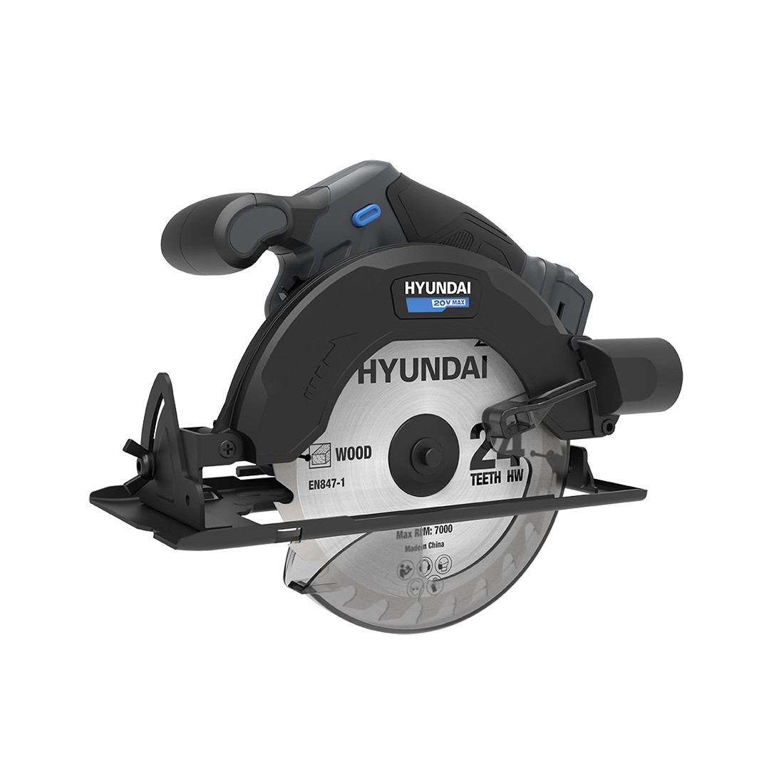 Fierastrau circular de mana cu acumulator 20V Hyundai CS20S-165, adancime max. de taiere 55 mm la 90°, panza de 165 mm, livrat fara acumulator si incarcator 888